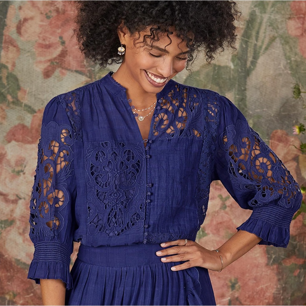 Sundance LP Garbo Lace Blouse patchwork Smocked Puff Sleeve Featival hippie boho